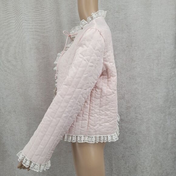 Barbizon Vintage Satin Serene Nylon Pink Quilted Jacket with Cream Lace Trim - Picture 3 of 12